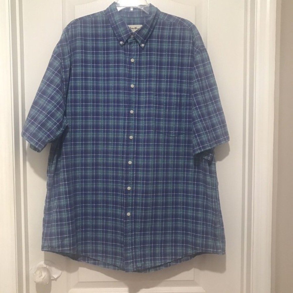 Eddie‎ Bauer Shirt Men's XL Blue Teal Plaid Button Down Short Sleeve Casual